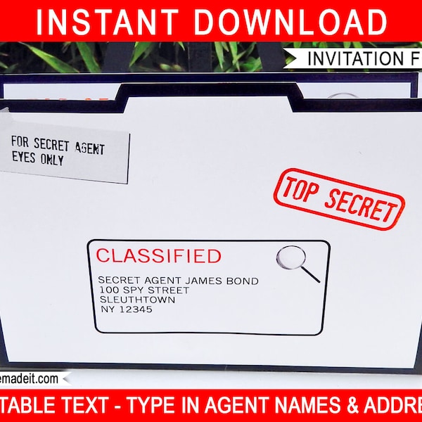 Cartella invito festa Spy Secret Agent - DOWNLOAD IMMEDIATO - file MODIFICABILE - personalizzi l'indirizzo di casa con Adobe Reader
