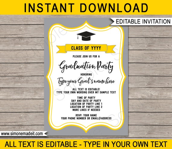 Graduation Party Invitations Template - gray / silver & gold / yellow - any year - Grad Invite - INSTANT DOWNLOAD with EDITABLE text Il_570xn