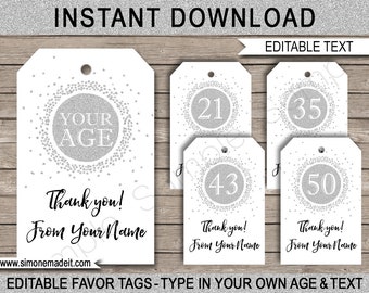 Age Birthday Thank You Tags Favor Tags - Any Age 21st 30th 47th 50th 60th etc - INSTANT DOWNLOAD with EDITABLE text - you edit name & age