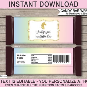 Unicorn Theme Candy Bar Wrappers - Unicorn Birthday Party Favors - Printable Chocolate Labels - INSTANT DOWNLOAD with EDITABLE text