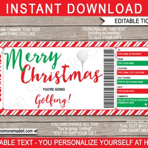 Golf cadeaubon voucher Pass Ticket afdrukbare sjabloon - kerstronde golf - INSTANT DOWNLOAD - BEWERKBARE tekst - u personaliseert