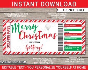 May include: Editable Christmas golfing gift certificate with a red and white striped background. The text says "Merry Christmas You're Going Golfing!" and includes space to personalize with the recipient's name, location, date, and comments.