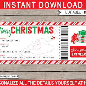 Modelo de cartão de embarque para viagem surpresa a Las Vegas - Bilhete de avião para impressão Presente de Natal - Cassino Gambling Poker - DOWNLOAD INSTANTÂNEO