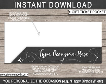 Printable Pocket Sleeve for Gift Tickets - Happy Birthday Anniversary Retirement Surprise Trip Gift - INSTANT DOWNLOAD with EDITABLE text