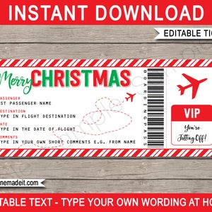 Modelo de bilhete de presente de Natal para cartão de embarque - Ideia de revelação de viagem surpresa - Férias, escapadela, feriado - DOWNLOAD INSTANTÂNEO com texto EDITÁVEL