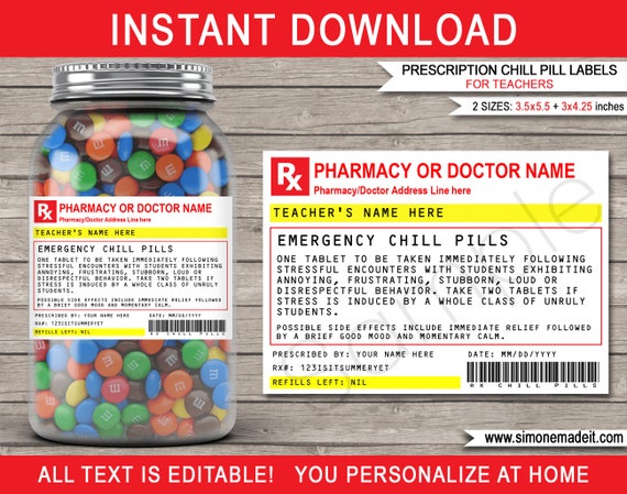 Teacher Chill Pills Label Printable RX Prescription Template For Candy 