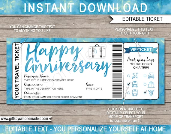 Anniversary Vacation Ticket Template: Personalized Trip Reveal (PDF)