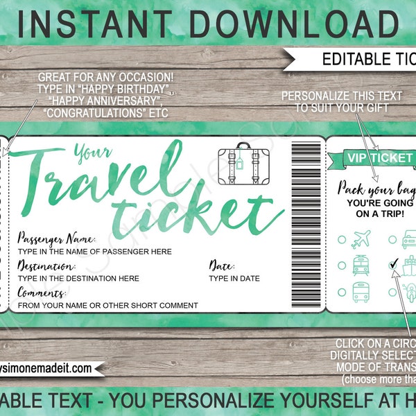 Travel Ticket Template Boarding Pass Printable - Surprise Trip Holiday Vacation Reveal Gift Idea, Bus Plane Car Cruise Motorbike Train