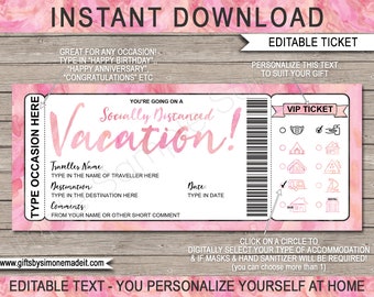 Surprise Vacation Social Distancing Travel Ticket Reveal Gift Idea Printable Template - Mask Sanitizer - INSTANT DOWNLOAD with EDITABLE Text