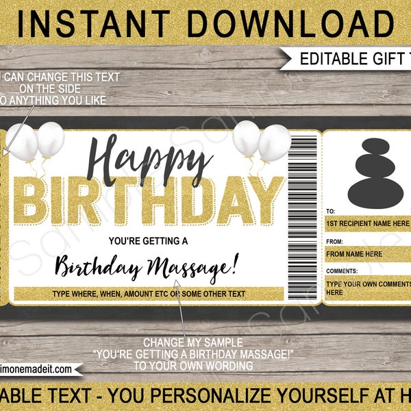 Massage Gift Certificate Voucher Coupon Printable Birthday Template - Beauty Spa Relaxing Zen Treatment - INSTANT DOWNLOAD - EDITABLE text
