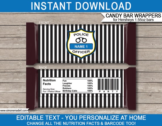 Police Party Candy Bar Wrappers - Party Favors - Chocolate Labels - INSTANT DOWNLOAD with EDITABLE text - you personalize at home Il_570xn
