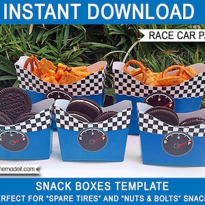 Blue Race Car Snack Boxes Template - INSTANT DOWNLOAD - PDF digital file - Racing Car Birthday Party Decoration Template