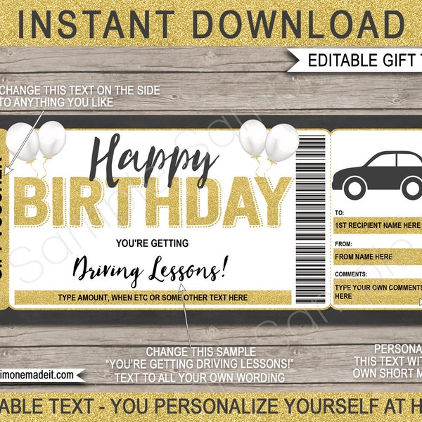 Driving Lessons Gift Voucher Template Certificate Ticket - Printable Birthday Gift Experience Learn to Drive Car Coupon - EDITABLE DOWNLOAD