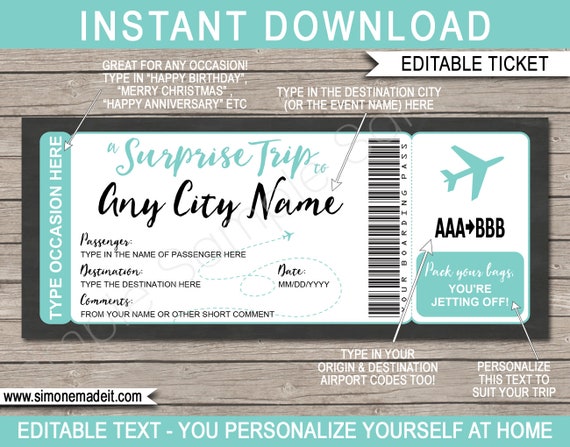 Printable Plane Ticket Surprise Trip Printable Boarding Pass Template - Any Occasion Destination - INSTANT DOWNLOAD with EDITABLE text Il_570xn