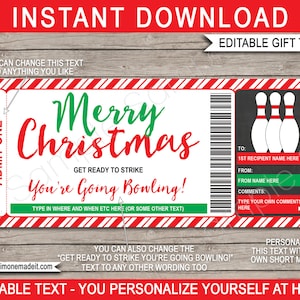 Plantilla de certificado de regalo de bolos de Navidad - Boleto de vale de regalo imprimible - Bolos de diez pines en interiores - DESCARGA INSTANTÁNEA con texto EDITABLE