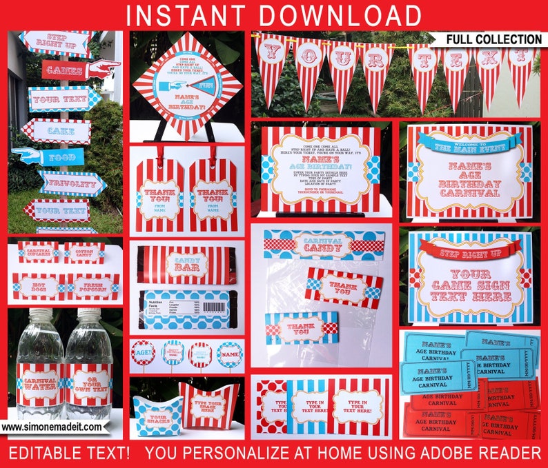 Red & Aqua Circus Birthday Party Invitations & Decorations - Printable Carnival Theme Package Set Bundle Pack Kit - Invitation, Favor Tags, Direction Arrow Signs, Fortune Teller, Food Labels, Water Bottle Labels - Admit One Tickets - INSTANT DOWNLOAD