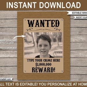 Cowboy Steckbrief Vorlage - Druckbare Geburtstagsparty Dekorationen - Outlaw Belohnungsschild - INSTANT DOWNLOAD mit bearbeitbarem Text & Foto