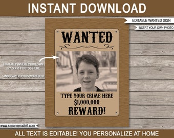 Sjabloon Cowboy gezocht-poster: bewerkbare foto, verjaardagsfeestje (digitale download)