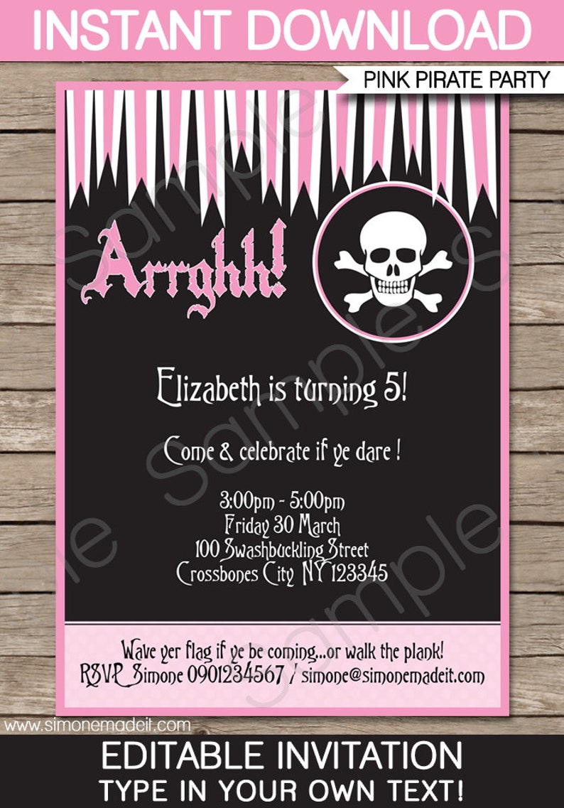 Puede incluir: Una invitaci&oacute;n imprimible para una fiesta de cumplea&ntilde;os con tem&aacute;tica pirata. La invitaci&oacute;n presenta un gr&aacute;fico de calavera y huesos cruzados, el texto "Arrghh!" y las palabras "&iexcl;Elizabeth cumple 5! &iexcl;Ven y celebra si te atreves!" La invitaci&oacute;n incluye la fecha, la hora y la ubicaci&oacute;n de la fiesta. Tambi&eacute;n se incluye informaci&oacute;n de RSVP.