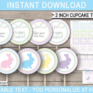 Printable Easter Cupcake Toppers - Easter Theme Party Decorations - Easter Gift Tags - 2 inch - INSTANT DOWNLOAD with EDITABLE text