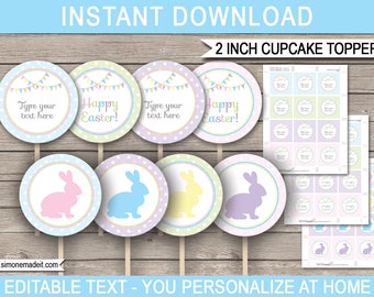 Printable Easter Cupcake Toppers - Easter Theme Party Decorations - Easter Gift Tags - 2 inch - INSTANT DOWNLOAD with EDITABLE text