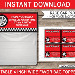 Race Car Party Favors Bag Toppers - 4 inches wide - INSTANT DOWNLOAD with EDITABLE text - you personalize at home using Adobe Reader