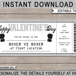 Vale de regalo de entrada de boxeo del Día de San Valentín - Entrada para partido de boxeo imprimible - Certificado de regalo sorpresa - DESCARGA INSTANTE - Texto EDITABLE