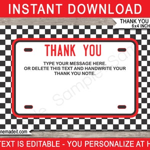 Race auto partij dank u kaarten sjabloon - afdrukbare nummerplaat verjaardag Opmerking Tags - 4 x 6 inch - INSTANT DOWNLOAD - BEWERKBARE tekst