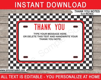 Modèle de cartes de remerciement de voiture de course - étiquettes de note d'anniversaire de plaque d'immatriculation imprimables - 4 x 6 pouces - TÉLÉCHARGEMENT IMMÉDIAT - texte MODifiable