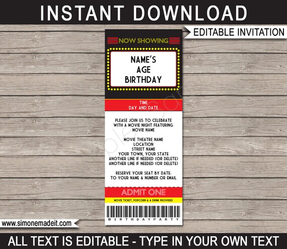 movie ticket invitation template printable movie night etsy