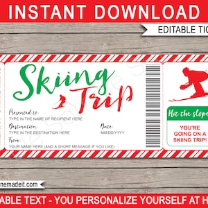 Surprise Ski Trip Ticket Template Printable Christmas Gift Pass Certificate Coupon Holiday Vacation INSTANT DOWNLOAD text EDITABLE image 1