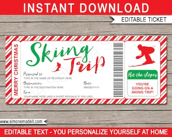 Puede incluir: Un boleto imprimible a rayas rojas y blancas con un título "Skiing Trip" en verde y rojo. El boleto es para un viaje de esquí e incluye campos para el nombre del destinatario, el destino, la fecha y un mensaje del dador. El boleto también presenta una silueta de un esquiador sobre un fondo rojo.