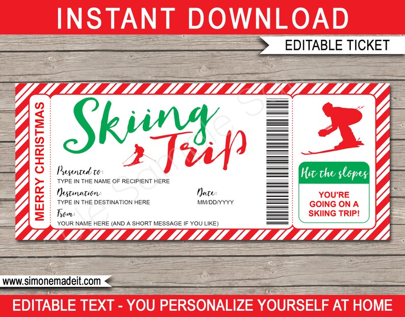 Surprise Ski Trip Ticket Template Printable Christmas Gift Pass Certificate Coupon Holiday Vacation INSTANT DOWNLOAD text EDITABLE image 1