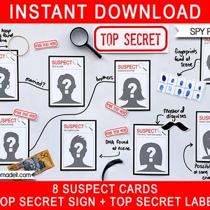 Spy Party Suspect Cards: Secret Agent Birthday Decorations (INSTANT DOWNLOAD)