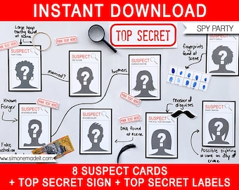 Spy Party Decor Templates - Printable Secret Agent Theme Birthday Decorations - Suspect Cards, Top Secret Sign & Labels - INSTANT DOWNLOAD