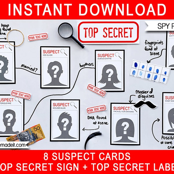Spy Party Decor Templates - Printable Secret Agent Theme Birthday Decorations - Suspect Cards, Top Secret Sign & Labels - INSTANT DOWNLOAD