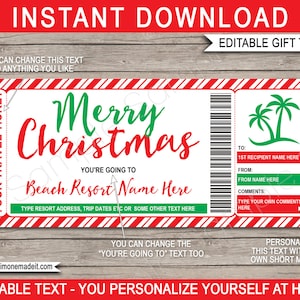 Modèle imprimable de billet de voyage de vacances à la plage - cadeau de Noël - idée de révélation de voyage surprise - escapade de vacances - modifiable en téléchargement immédiat