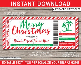 Beach Vacation Travel Ticket Christmas Gift Printable Template - Surprise Trip Reveal Idea - Getaway Holiday - Editable INSTANT DOWNLOAD