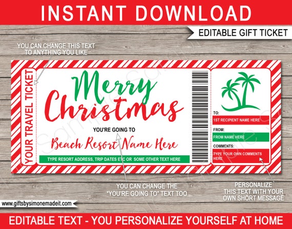 Beach Vacation Travel Ticket Christmas Gift Printable Template - Surprise Trip Reveal Idea - Getaway Holiday - Editable INSTANT DOWNLOAD Il_570xn