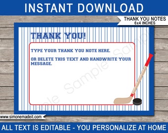 Hockey Thank You Cards: Red & Blue Team Theme (Editable, 4x6 inch, INSTANT DOWNLOAD)