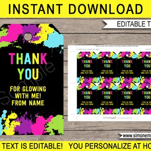 Glow Party Favor Tags - Printable Neon Glow Thank You Tags - Birthday Party Favors - Neon Glow Theme - INSTANT DOWNLOAD with EDITABLE text