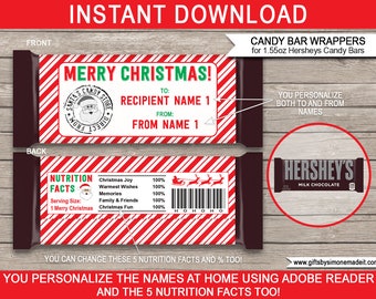 Christmas Hersheys Wrappers Printable Template - Candy Bar Chocolate Gift Tags Labels - INSTANT DOWNLOAD - EDITABLE Names, Nutrition Facts