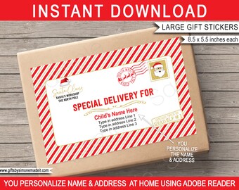Santa Special Delivery Stickers Printable Template - Large Labels Tags North Pole Mail - INSTANT DOWNLOAD with EDITABLE Name & Address