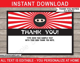 Ninja Party Thank You Cards Template - Printable Birthday Thank You Notes - Digital Ninja Theme - 4x6 inch - EDITABLE TEXT DOWNLOAD