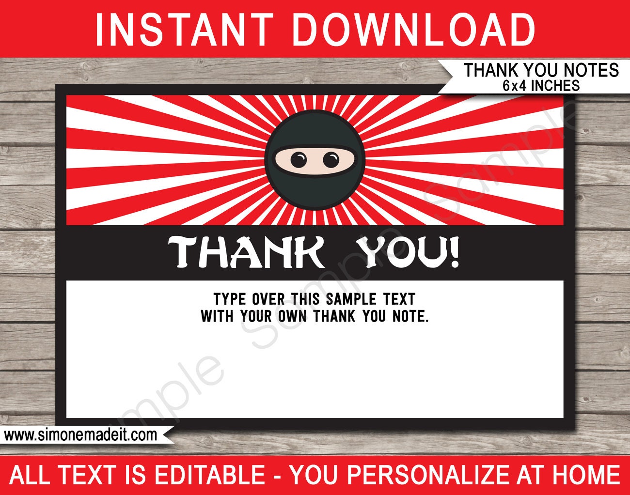 thank you♡ Ninja Birthday Thank You Cards: 4x6 Printable Notes (EDITABLE TEXT