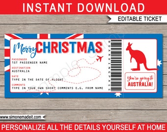 Surprise trip to Australia Boarding Pass Template - Printable Christmas Plane Ticket - Aussie Holiday - INSTANT DOWNLOAD - EDITABLE text