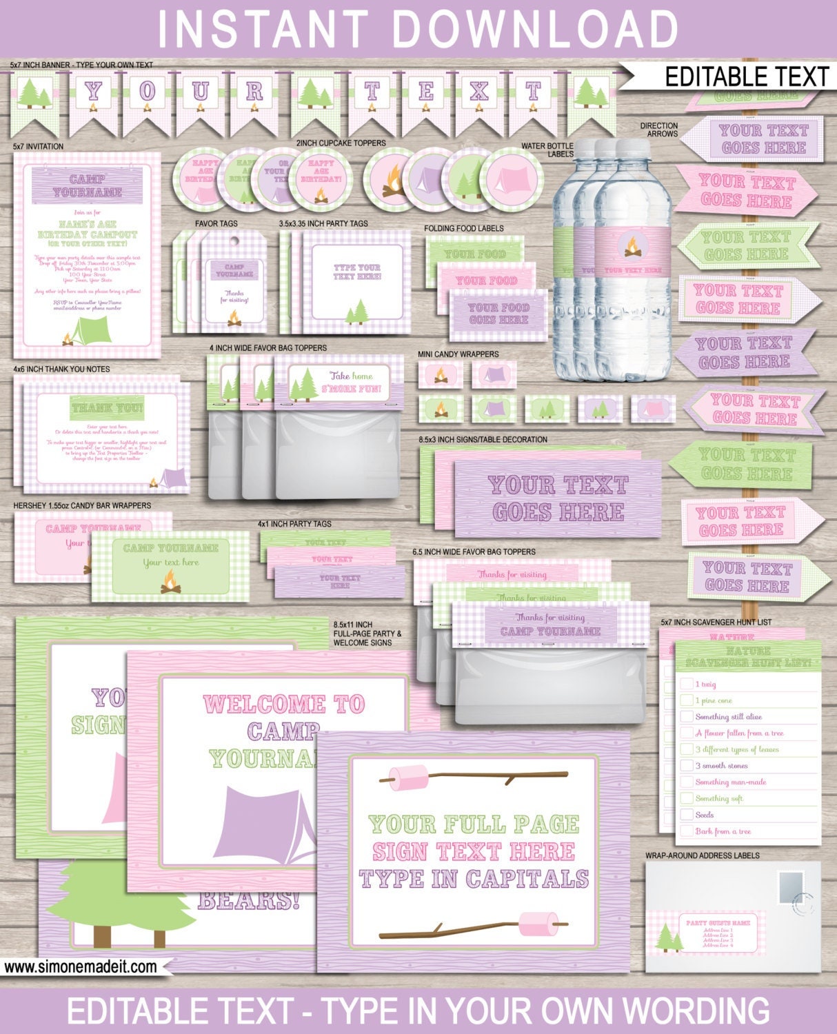 Glamping Birthday Party Decoration Set: Editable Camping Invitation (Digital Download)