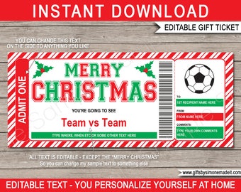 Soccer Ticket Template Christmas Gift - Surprise Game Ticket - Football Printable Gift Voucher Certificate - INSTANT DOWNLOAD text EDITABLE