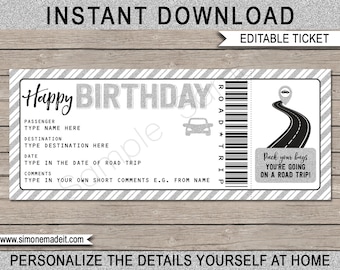 Road Trip Birthday Reveal Ticket: bewerkbare afdrukbare sjabloon (digitale download)