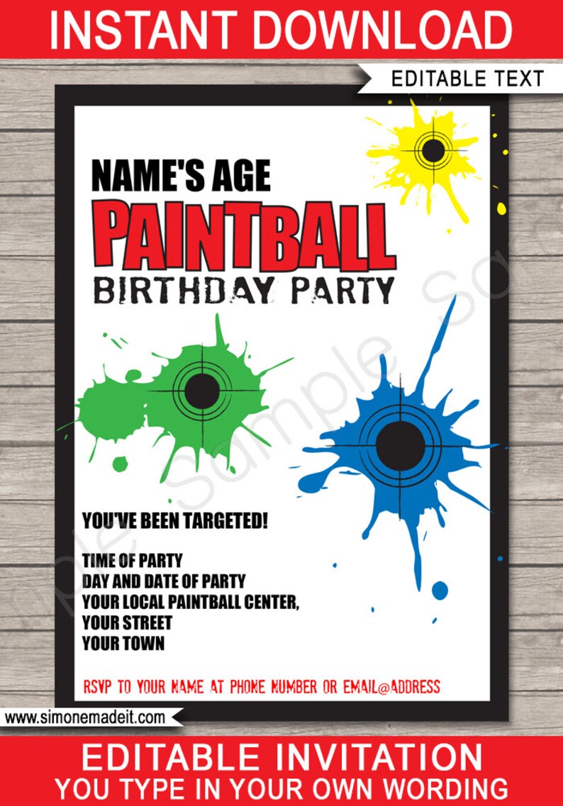 Paintball Party Templates Invitation Printable Paint Ball Theme Birthday Party Decorations DIY EDITABLE TEXT image 3